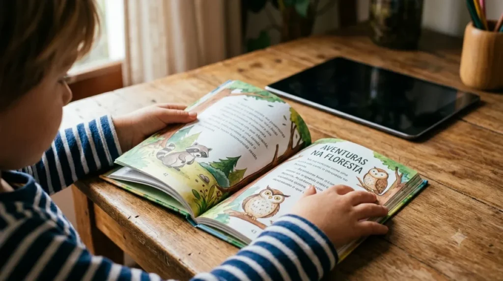 Mãos de uma criança segurando um livro aberto com um tablet desligado ao fundo mostrando como fazer seu filho gostar de ler na era digital.