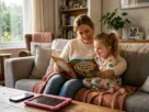 Mãe e filho sorrindo enquanto leem um livro infantil ilustrado juntos no sofá de casa.
