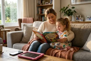 Mãe e filho sorrindo enquanto leem um livro infantil ilustrado juntos no sofá de casa.