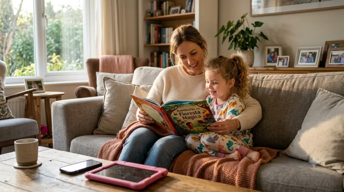 Mãe e filho sorrindo enquanto leem um livro infantil ilustrado juntos no sofá de casa.