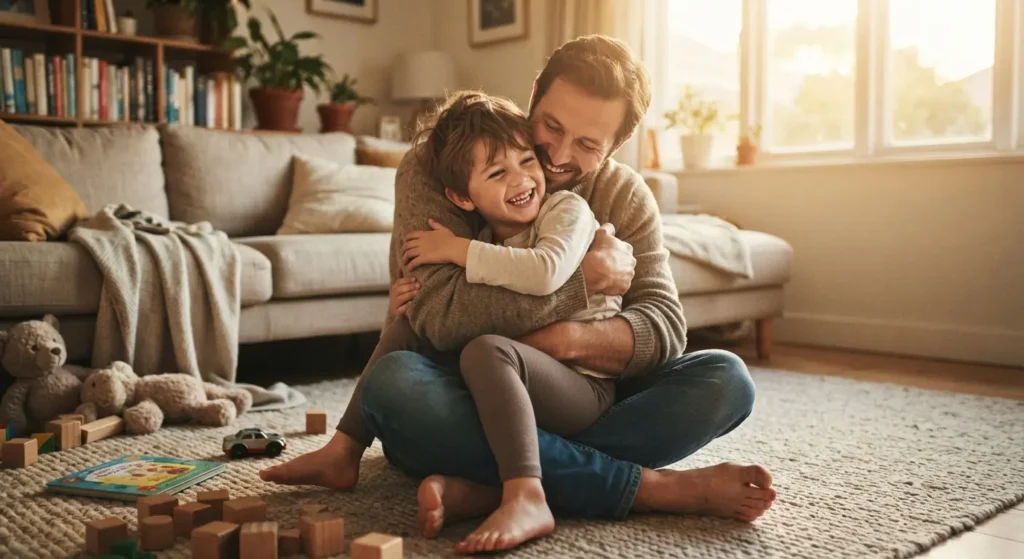 Brincadeiras Educativas: 4 Ideias Sensoriais para Desenvolver os Sentidos e a Coordenação em Casa 4 Pai abraçando filho feliz em momento de conexão familiar após brincadeiras educativas na sala de casa.