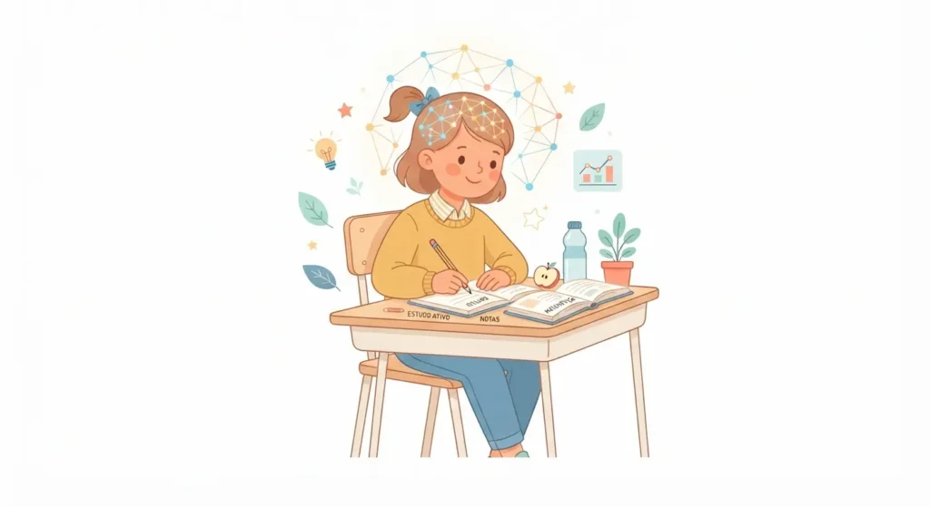 Uma criança estudando concentrada com um gráfico vetorial ilustrando os beneficios dos alimentos para concentração infantil. 
