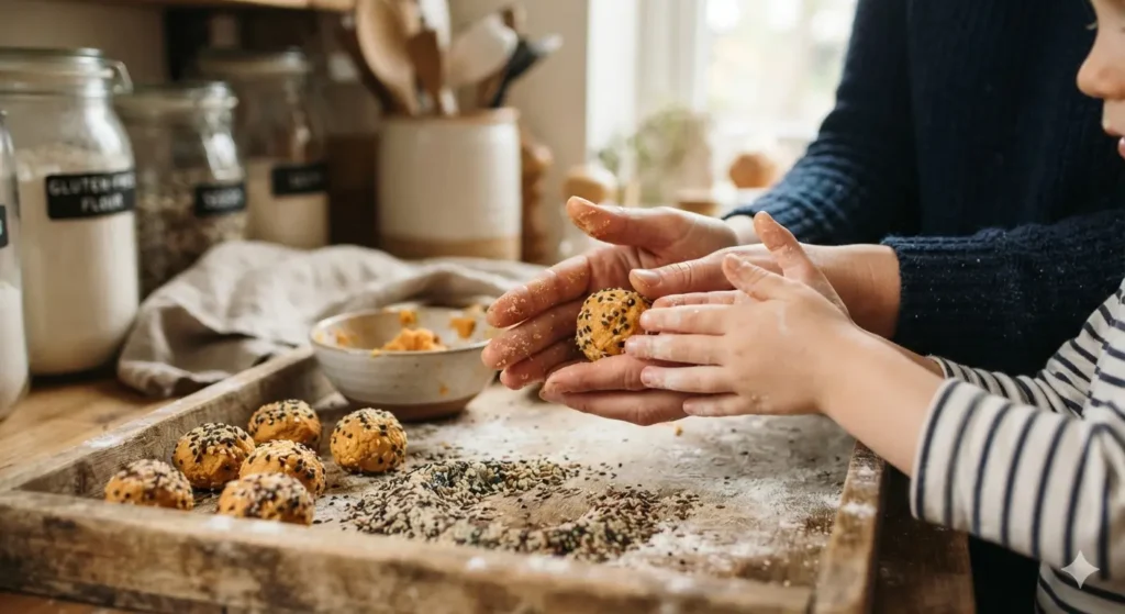 Envolver as crianças no preparo das receitas estimula a autonomia e a aceitação de alimentos nutritivos.