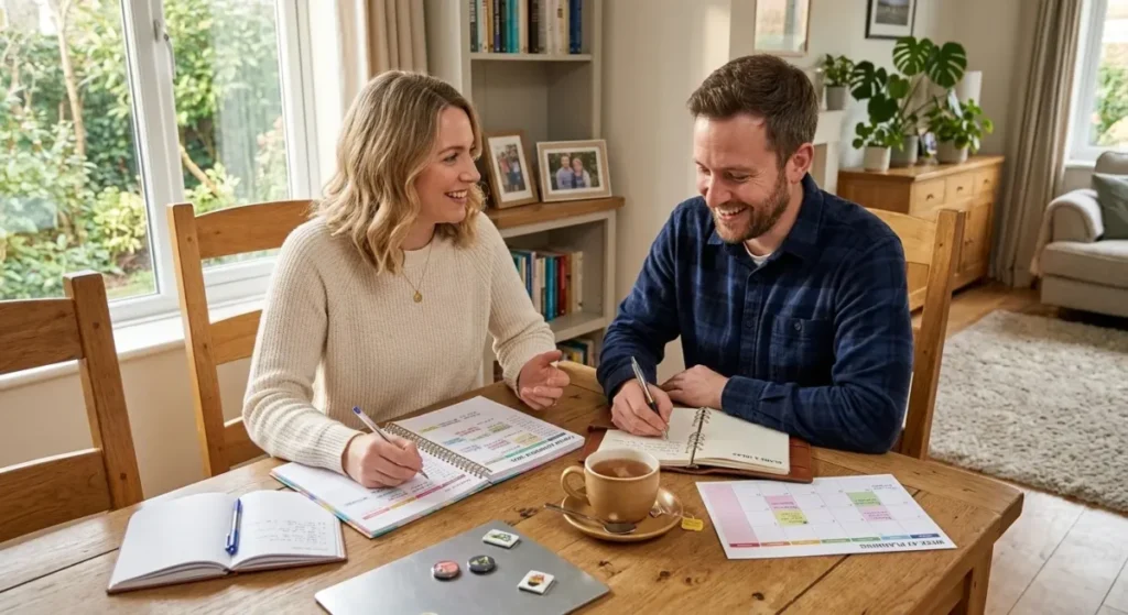 Casal sentado à mesa planejando juntos a rotina e as regras da casa em um caderno.