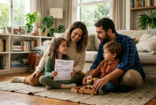 Pais e filhos conversando educação de valores na primeira infância.