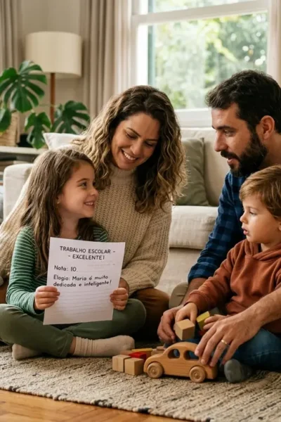 Pais e filhos conversando educação de valores na primeira infância.