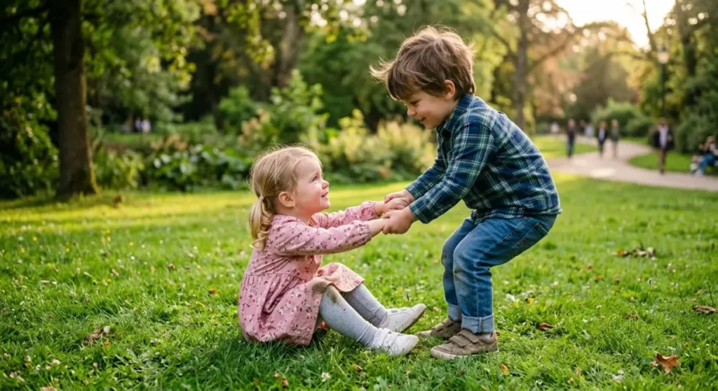 Duas crianças pequenas em um parque ajudando uma à outra com empatia e gentileza.