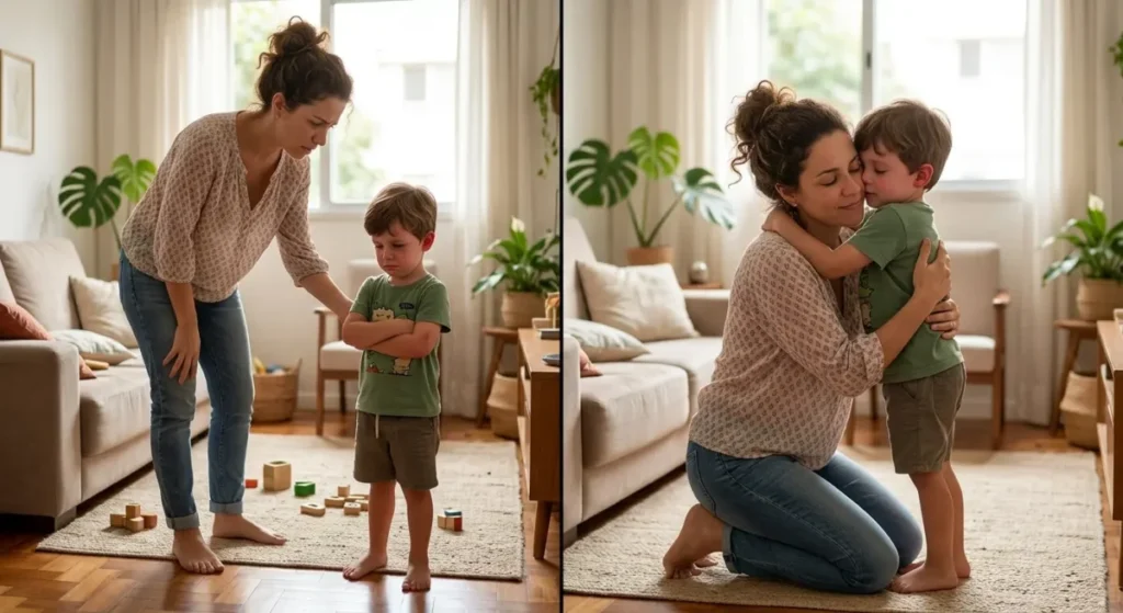 Mãe ajoelhada abraçando carinhosamente o filho pequeno para selar um momento de reconciliação.