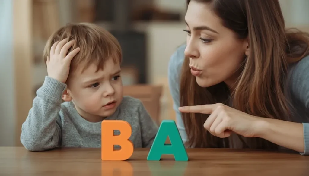 Mãe ensinando criança com blocos coloridos das letras A e B, aprendizado do som do alfabeto.