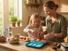Mãe e criança sorrindo enquanto preparam uma lancheira escolar saudável com frutas e alimentos naturais na cozinha.
