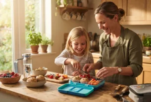 Mãe e criança sorrindo enquanto preparam uma lancheira escolar saudável com frutas e alimentos naturais na cozinha.
