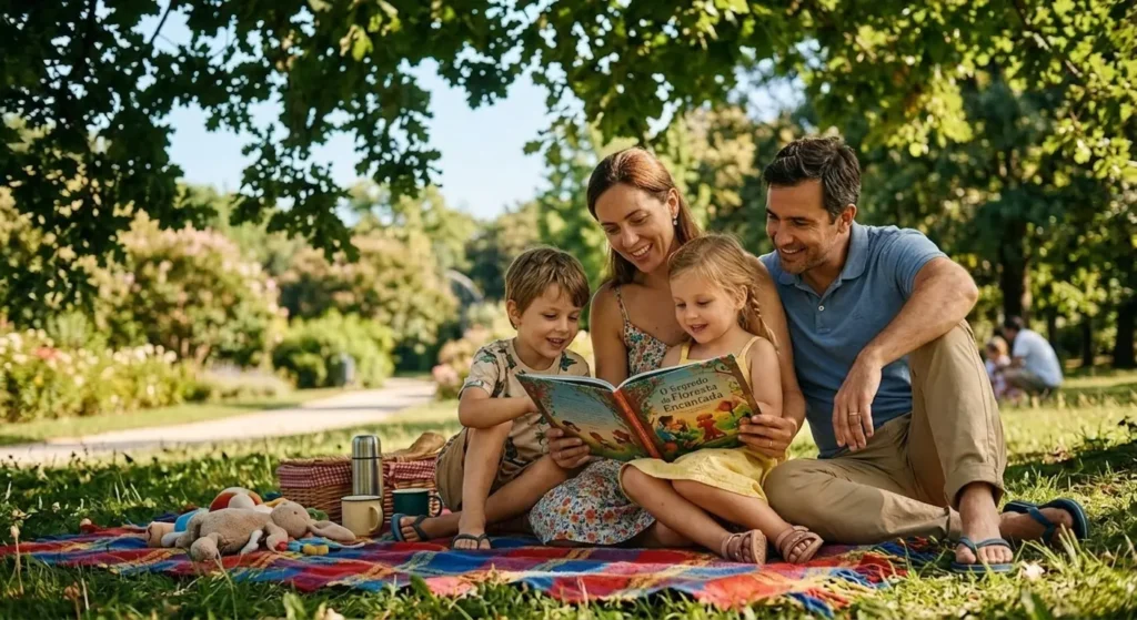 Mãe e pai lendo um livro ilustrado para os filhos pequenos sentados em uma toalha no gramado sob a sombra de uma árvore.