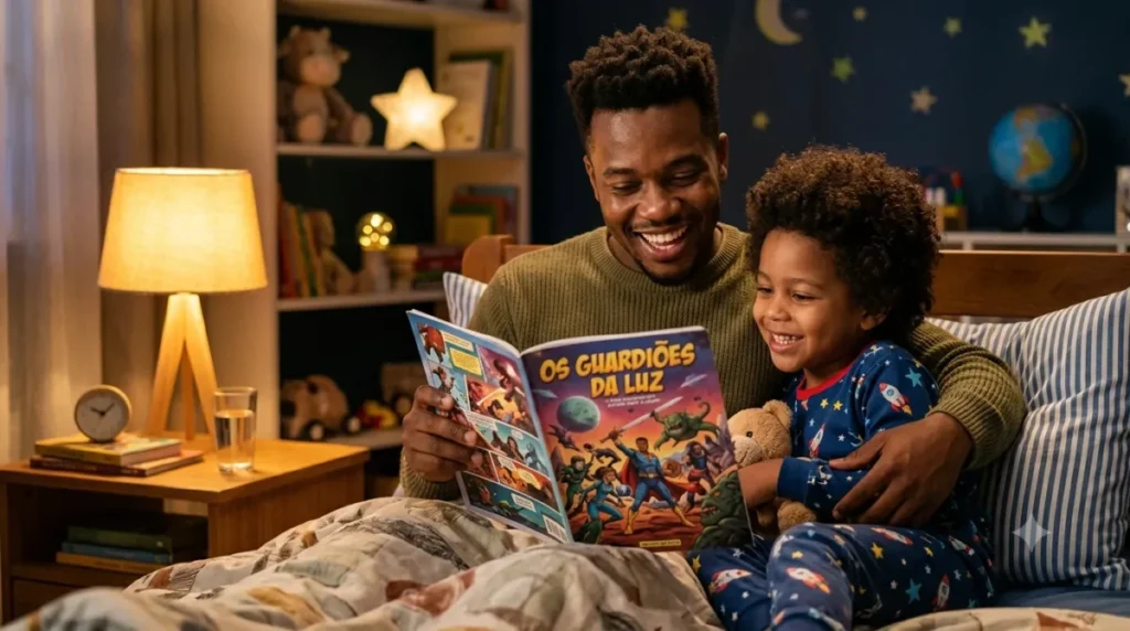 Pai lendo uma história divertida em quadrinhos para a filho antes de ela dormir.