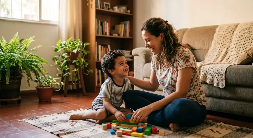 Carga Mental e Dupla Jornada: 7 Estratégias Práticas para Mães que Trabalham Fora 4 Mãe e filho brincando no chão da sala em momento de conexão