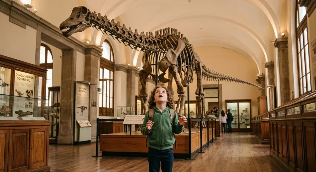 Criança observando a réplica de um esqueleto de dinossauro em exibição no Museu de Zoologia.