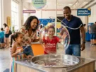 Família sorridente com duas crianças participando de um experimento interativo no Museu Catavento em São Paulo.