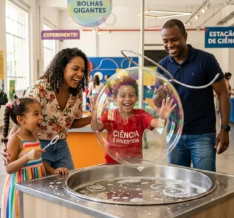Família sorridente com duas crianças participando de um experimento interativo no Museu Catavento em São Paulo.
