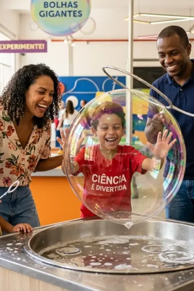 Família sorridente com duas crianças participando de um experimento interativo no Museu Catavento em São Paulo.