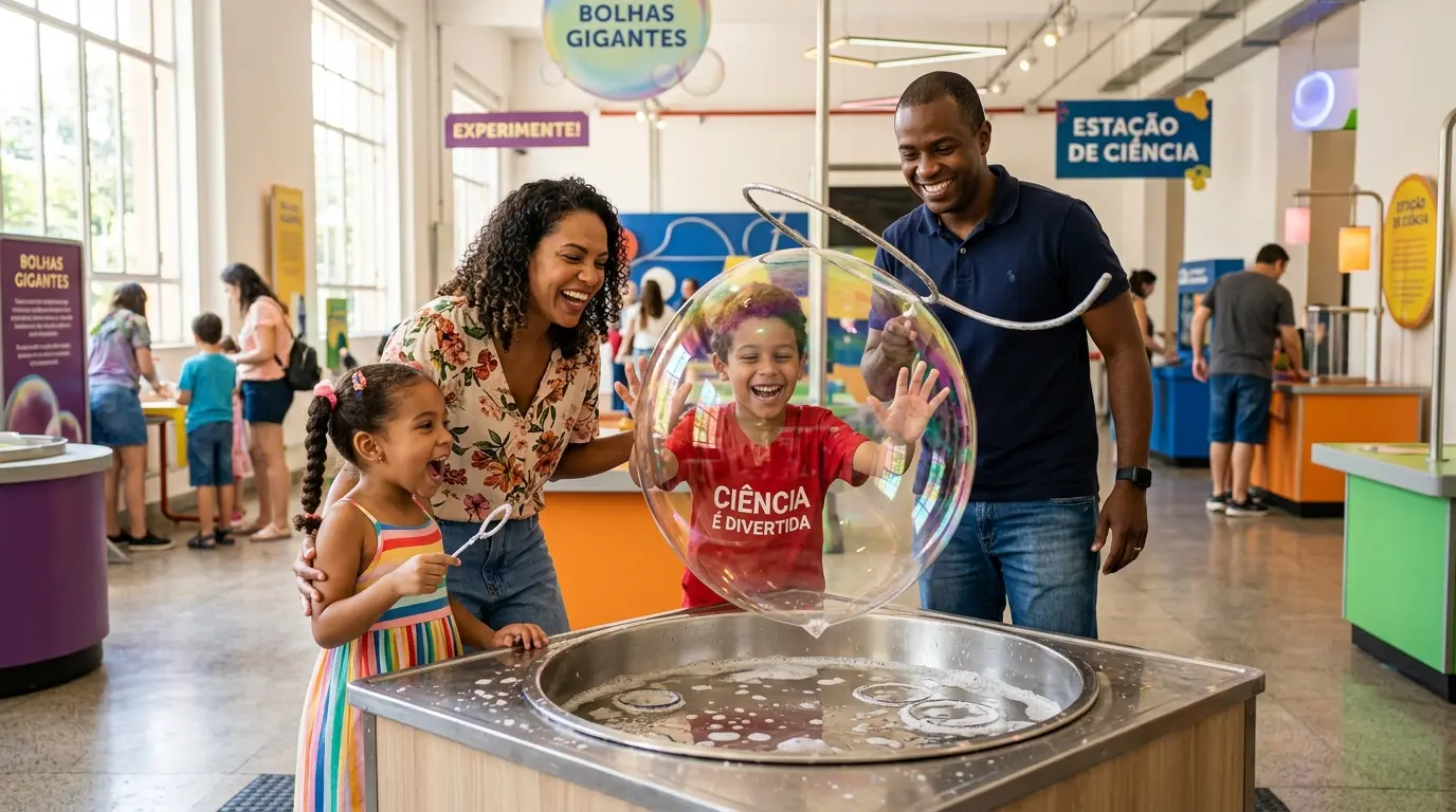 Família sorridente com duas crianças participando de um experimento interativo no Museu Catavento em São Paulo.