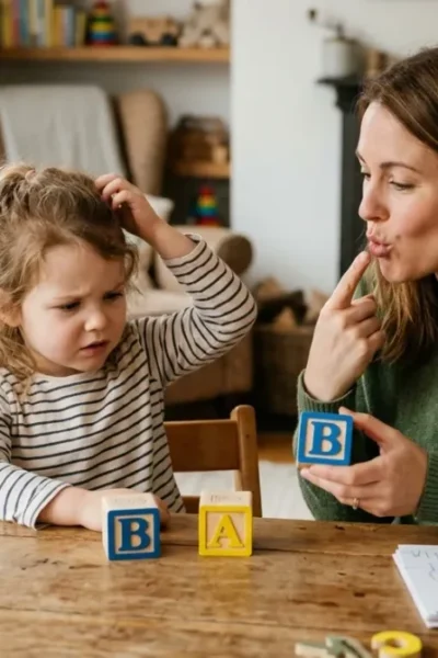 Criança de 6 anos olhando para letras de madeira B e A na mesa enquanto a mãe mostra o movimento da boca.
