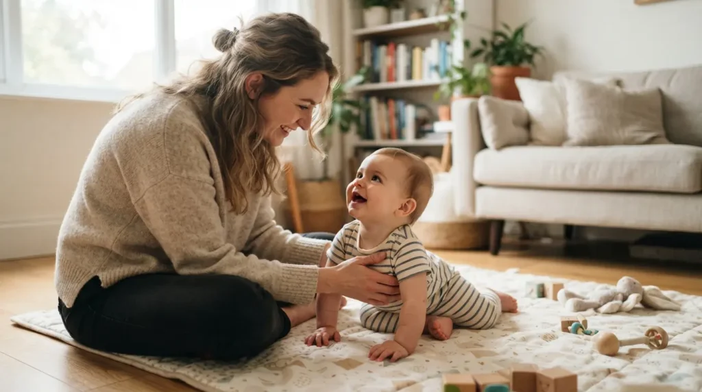 Mãe interage carinhosamente com bebê sorridente no tapete de atividades.