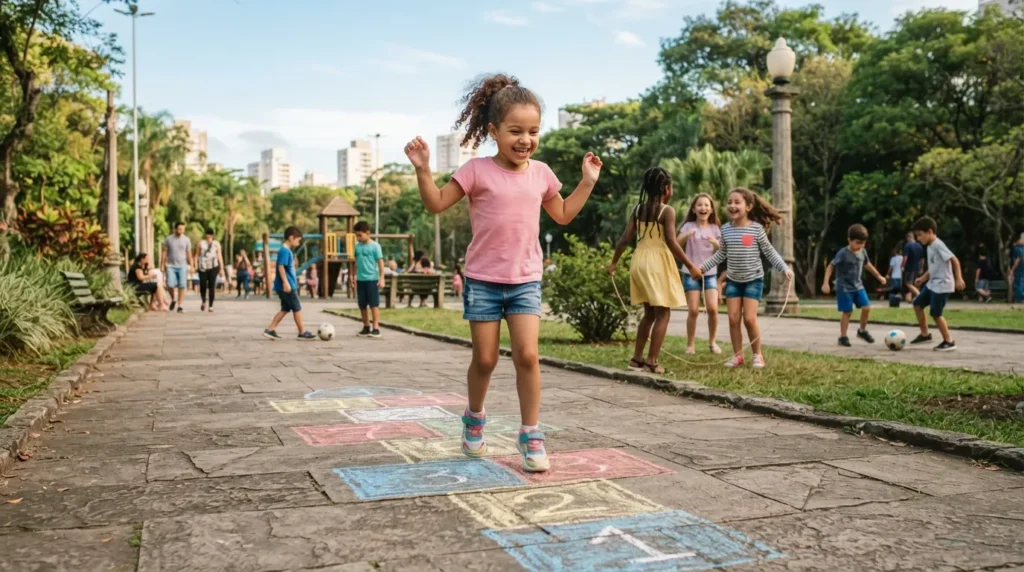 Pedagogia do movimento: crianças brincando de pular corda e amarelinha ao ar livre.