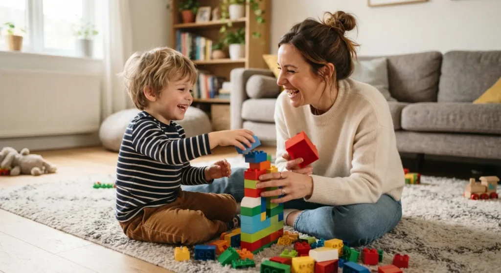 Mãe e filho rindo e brincando de blocos de montar juntos, distantes de telas e celulares.