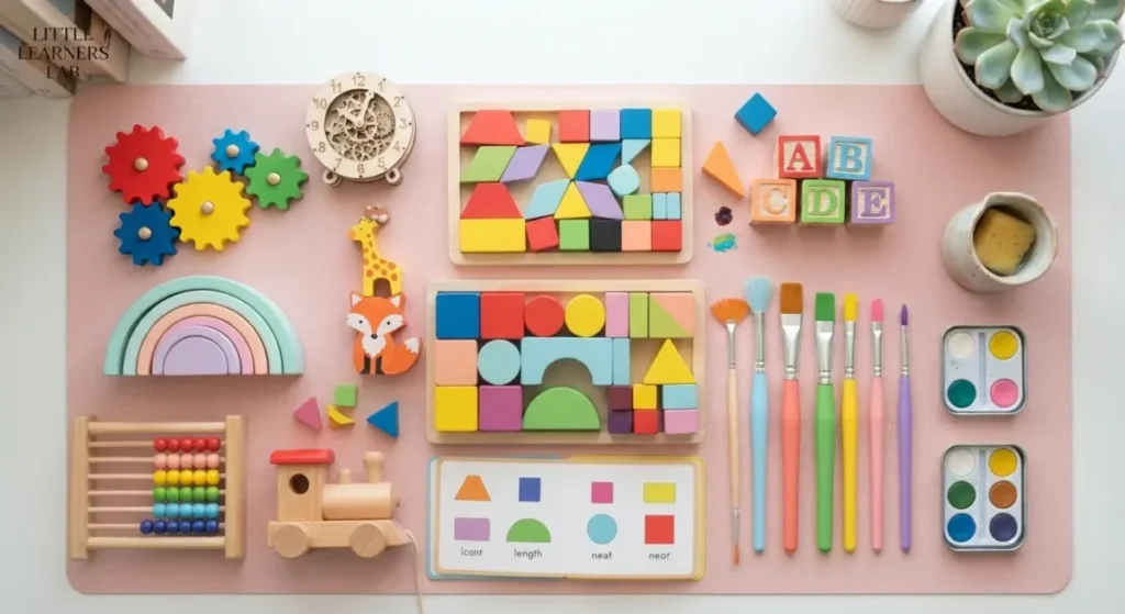 Como o Cérebro Infantil Processa Cores e Formas? 5 Composição plana de brinquedos educativos de madeira e formas geométricas coloridas sobre uma superfície pastel.