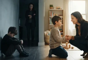 Imagem dividida mostra os efeitos do castigo e os benefícios da disciplina positiva, com uma criança retraída diante de um adulto rígido e, ao lado, uma criança acolhida por um adulto que estabelece limites com empatia.