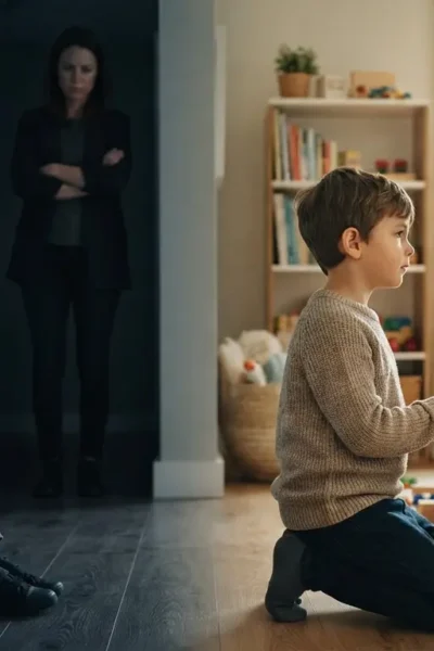 Imagem dividida mostra os efeitos do castigo e os benefícios da disciplina positiva, com uma criança retraída diante de um adulto rígido e, ao lado, uma criança acolhida por um adulto que estabelece limites com empatia.