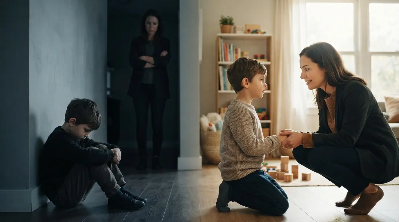 Imagem dividida mostra os efeitos do castigo e os benefícios da disciplina positiva, com uma criança retraída diante de um adulto rígido e, ao lado, uma criança acolhida por um adulto que estabelece limites com empatia.