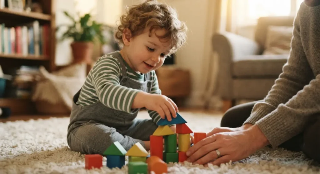 Fases do desenvolvimento infantil, criança pequena empilhando blocos de madeira. 
