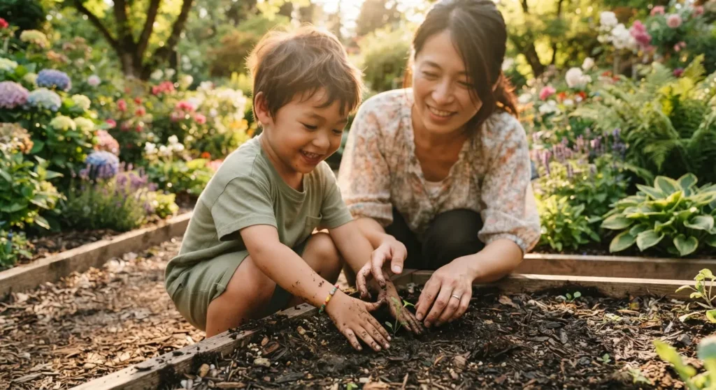 Mão de criança tocando folhas e plantas em um ambiente externo.