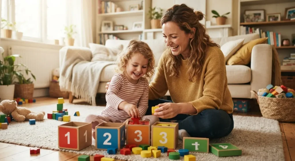 Como o Cérebro Infantil Processa Cores e Formas? 3 Mãe e filha sorrindo juntos enquanto brincam de classificar cores e formas no chão da sala de estar.