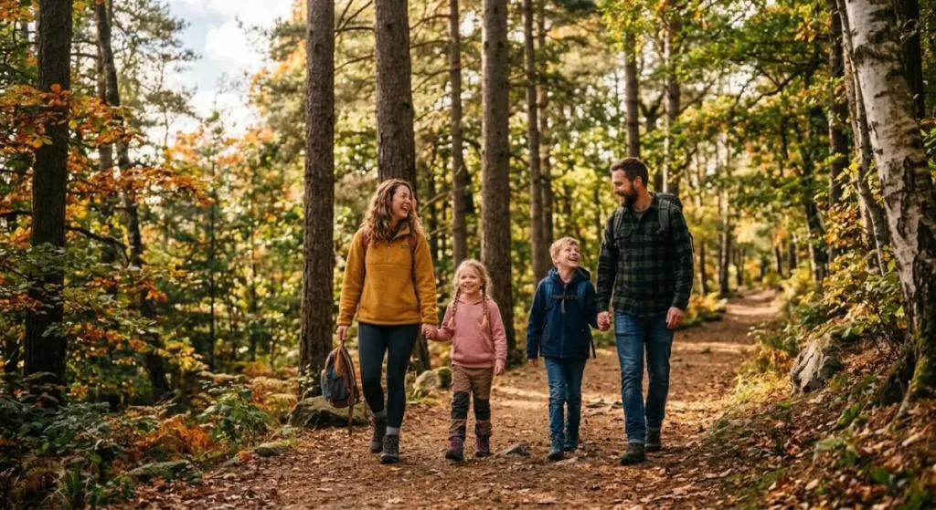 Família sorridente caminhando junta em um parque arborizado.