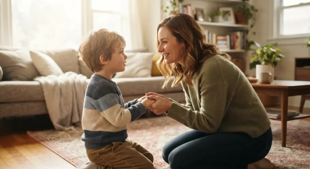 Mãe agachada conversando amorosamente e olhando nos olhos do filho em uma sala aconchegante.