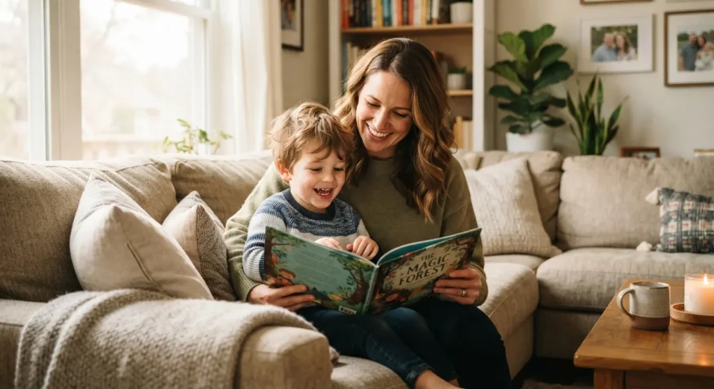 Mãe e filho sorrindo juntos folheando um livro sentados confortavelmente em um sofá.