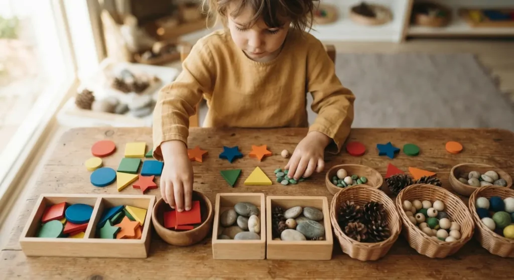 Como o Cérebro Infantil Processa Cores e Formas? 2 Criança manipulando cores e formas geométricas e objetos coloridos sobre uma mesa de madeira.