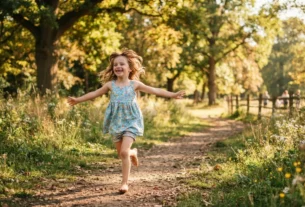 Criança correndo feliz em um parque arborizado sob a luz do sol.