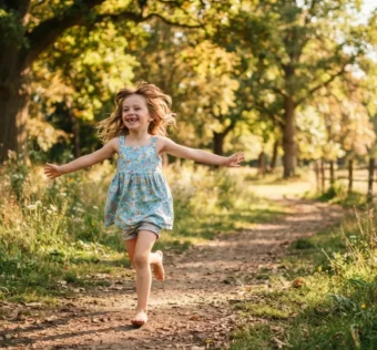 Criança correndo feliz em um parque arborizado sob a luz do sol.