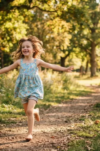Criança correndo feliz em um parque arborizado sob a luz do sol.