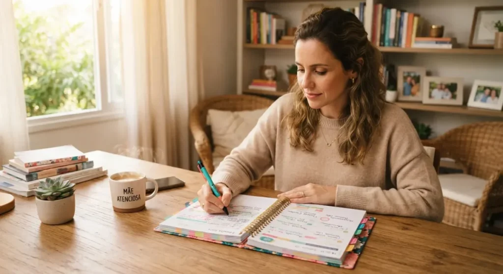 Uma mãe anotando estratégias de disciplina positiva em um caderno em cima de uma mesa de madeira.