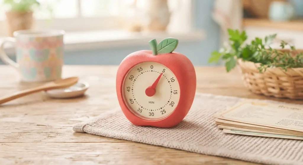 Timer de cozinha marcando o tempo para ajudar a criança na transição de desligar o tablet.
