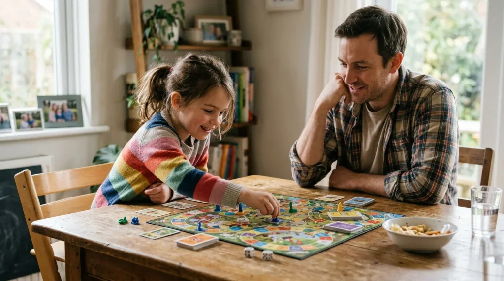 Família sorridente jogando jogo de tabuleiro juntas em uma mesa de madeira.