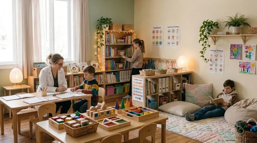 Materiais pedagógicos organizados em uma sala de apoio ao desenvolvimento infantil.