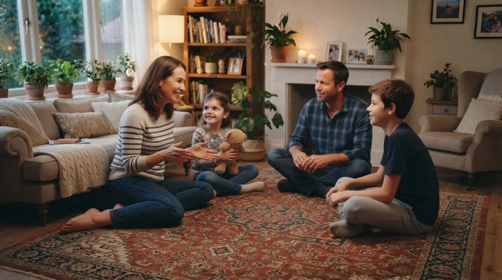 Família usando bastão da fala para ensinar a criança a esperar a vez