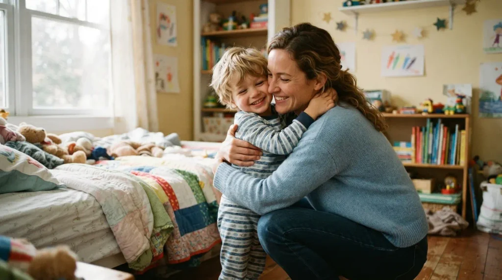 Mãe abraçando o filho na altura dos olhos exercitando a paciência com os filhos.