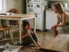 Mãe acolhendo e conversando com uma criança frustrada e sentada no chão da cozinha.
