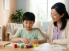 Criança sorridente organizando materiais de estudo em ambiente acolhedor para ilustrar a memória de trabalho infantil.