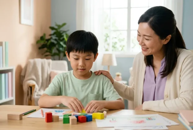 Criança sorridente organizando materiais de estudo em ambiente acolhedor para ilustrar a memória de trabalho infantil.